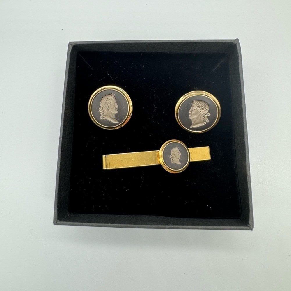 Wedgwood black Cameo Cufflinks Tie Clip Set Gold‎ Tone Mens Formal Gift for him